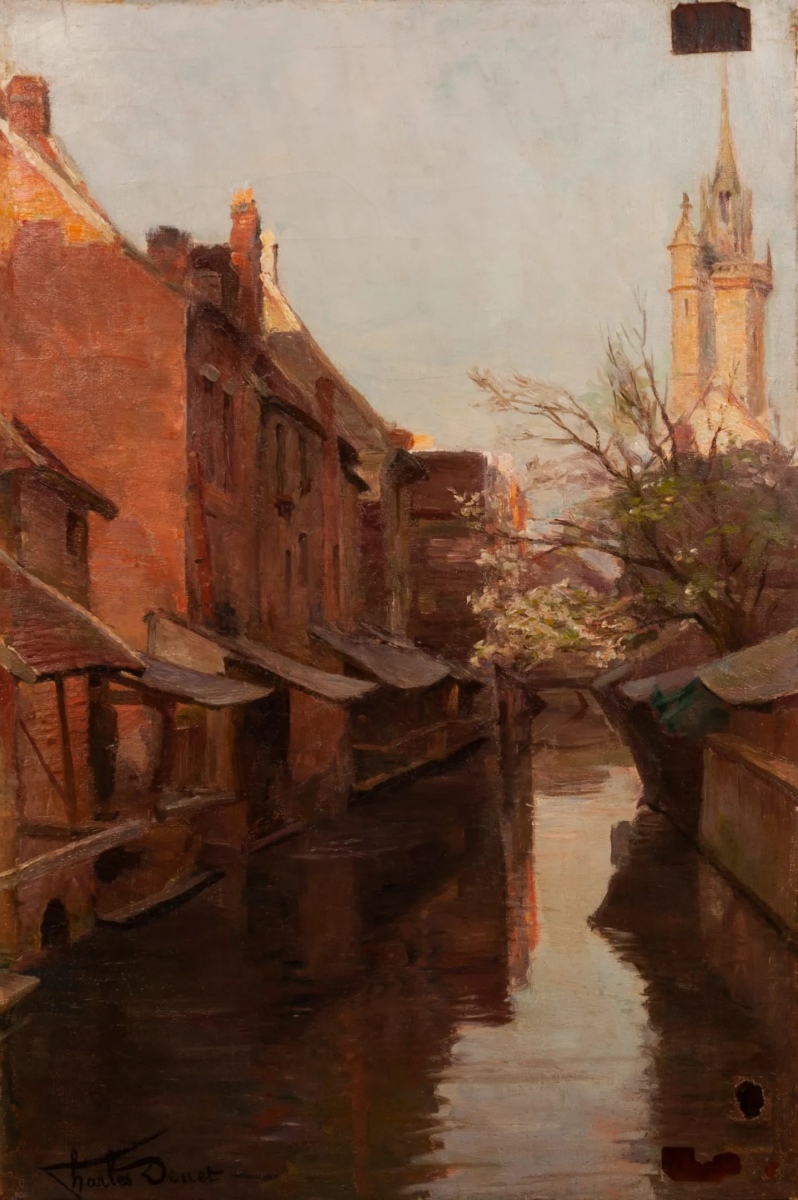 Le Beffroi d’Évreux vu des bords de l’Iton  ; Canaux sous le clocher, Évreux, Charles Denet, 20e siècle