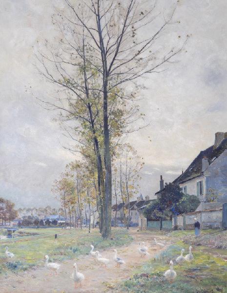 A Germiny l'Evêque ; Paysage aux oies (ancien cartel), Victor Jean Binet, 1891