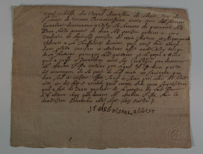 Reconnaissance de paiement entre Mme de Brissac, abbesse de l'Hôtel dieu de Vernon et le sieur Gambart de Bizy_0