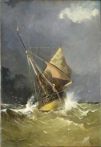 Chalutier sur une mer houleuse (Titre du tableau finalement conservé au musée) ; bateau chalutier en mer (Titre inscrit au catalogue Milet) ; bateau chalutier tréportais (Titre du premier tableau offert en 1885)_1