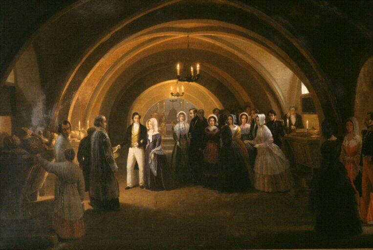 La reine Victoria au bras de Louis-Philippe visite les tombeaux des Comtes d'Eu le 5 septembre 1843_0