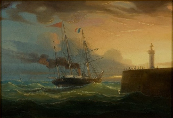 Trois-mâts vapeur sortant du port du Havre, Louis Gamain, 19e siècle