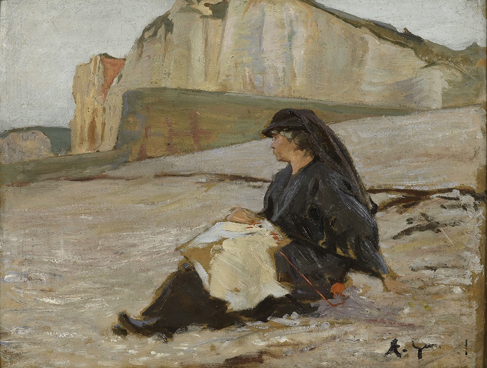 Portrait d’Adrienne Gumery en deuil de ses fils sur la plage d’Yport, Adolphe Ernest Gumery, 1917
