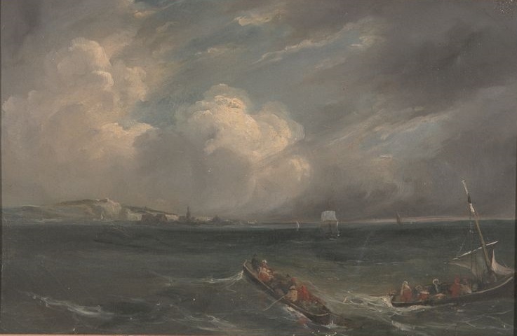 Marine. Vue prise sur les côtes de Normandie (Harfleur?) ; Barques au large, Camille Roqueplan