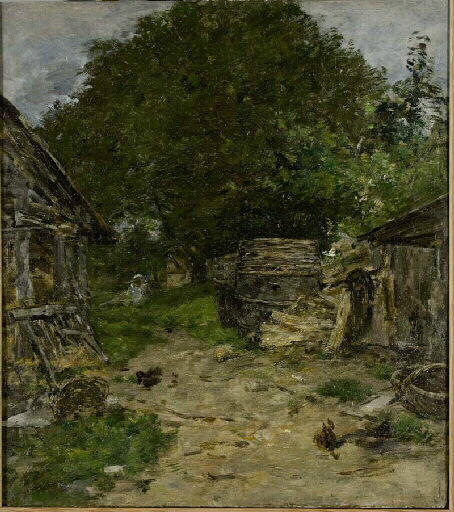 Paysage intérieur d'une cour de ferme. Tonneaux dans la cour_0
