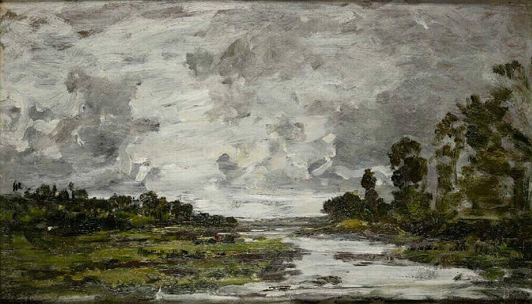 La Touques aux environs de Trouville ; Paysage (Etude). Rivière la Touques, environs Trouville. Beaux nuages. Ciel gris (ancien titre)_0