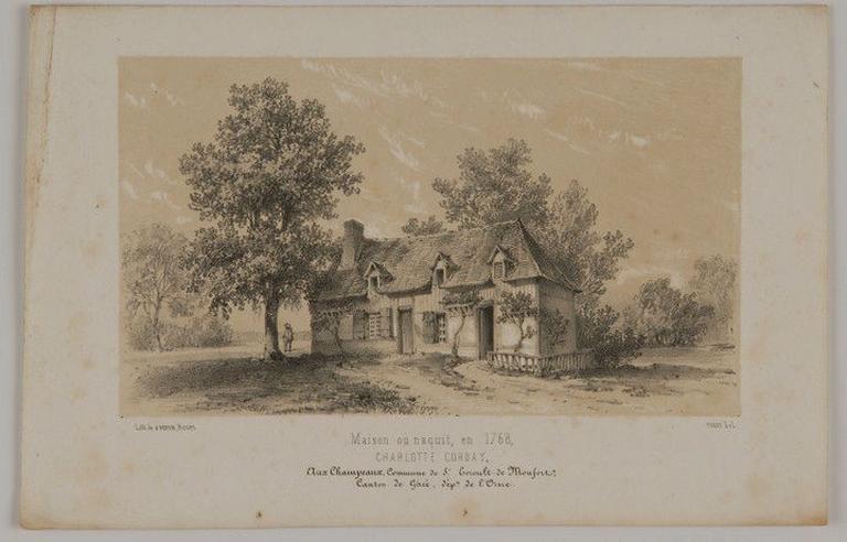 Maison où naquit Charlotte Corday ... ('Maison où naquit en 1768, Charlotte Corday, aux Champeaux, commune de St-Ernoult de Monfort, canton de Glacé, dépt. de l'Orne '.), Tudot