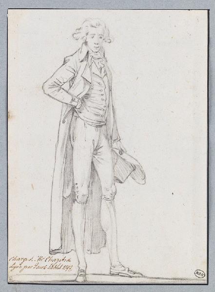 Portrait-charge de René-André-Polydore Alissan de Chazet ; Portrait charge de M. Chazets de Lyon (autre titre) ; Au verso : Etude d'homme en perruque et habit, tourné vers la droite (pierre noire) ;, Jacques Henri Sablet, 18e siècle