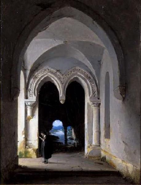 Personnage lisant dans une ruine gothique, Charles Marie Bouton, 1ère moitié 19e siècle