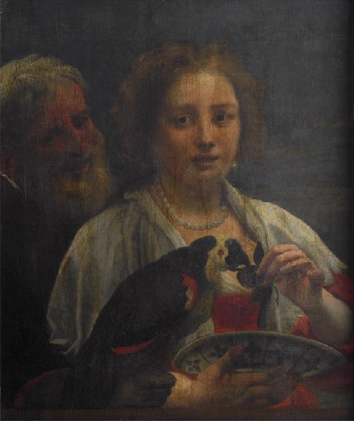 Jeune fille donnant un fruit a un perroquet (titre moderne) ; une jeune femme et un mexicain (titre ancien), Jacob Jordaens, 17e siècle