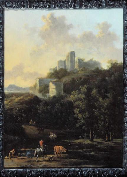 Paysage animé au château en ruine (Titre moderne) ; Un paysage (Titre ancien), Frederick de Moucheron, 1650-1686
