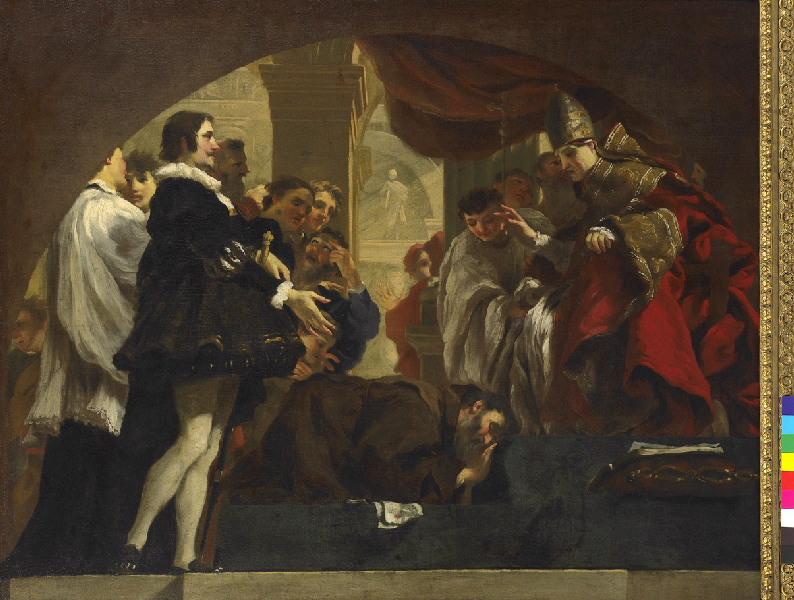 Saint Francois de Paule aux pieds de Sixte IV ; Christophe Colomb recevant les bulles du pape, Charles Mellin, 1647 avant