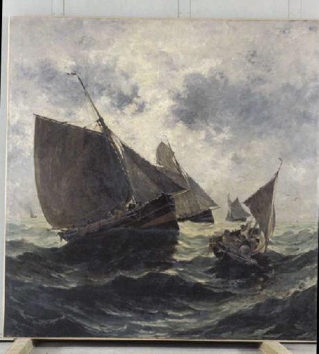 Barques de pêche ; Barque de pêche relevant son chalut, Pierre Emile Berthelemy, 1882