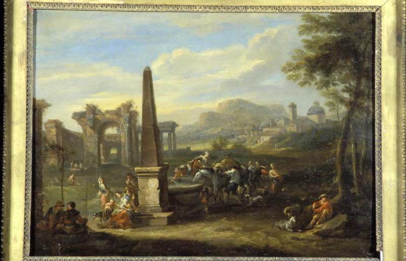 Paysage avec figures, animaux, obélisque, Adriaen Frans Boudewyns, 1711