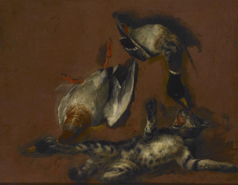 Un chat et deux canards (titre actuel) ; Deux oiseaux de rivière mort et un chat (titre ancien), Pieter Boel, 1674 avant