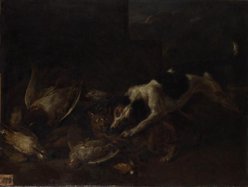Chien et chat se disputant (titre actuel) ; paysage et animaux (titre ancien), Nicasius Bernaerts, 1650-1678