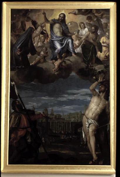 Le Christ arrêtant la peste à la prière de la Vierge, de saint Jean Baptiste, de saint Roch, et de saint Sébastien ; dit autrefois une vision ; dit autrefois Deesis avec saint Roch et saint Sébastien, Veronese, 1565