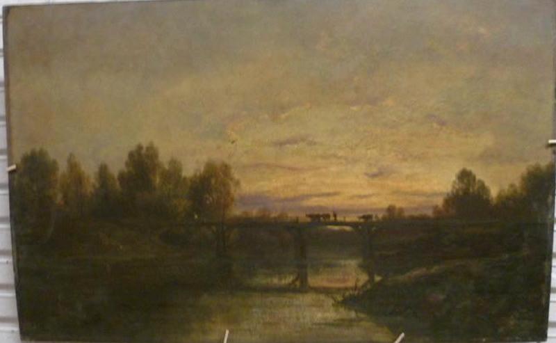 Passage de vaches sur un pont ; dit : Pont de la Touque ; dit : Coucher de soleil_0