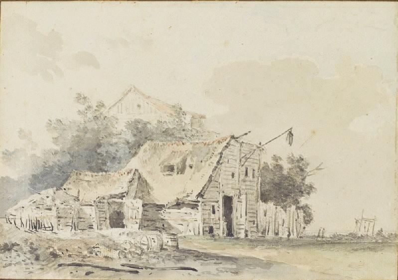 Ferme au bord d'une rivière, Louis Gabriel Moreau, 2e moitié 18e siècle