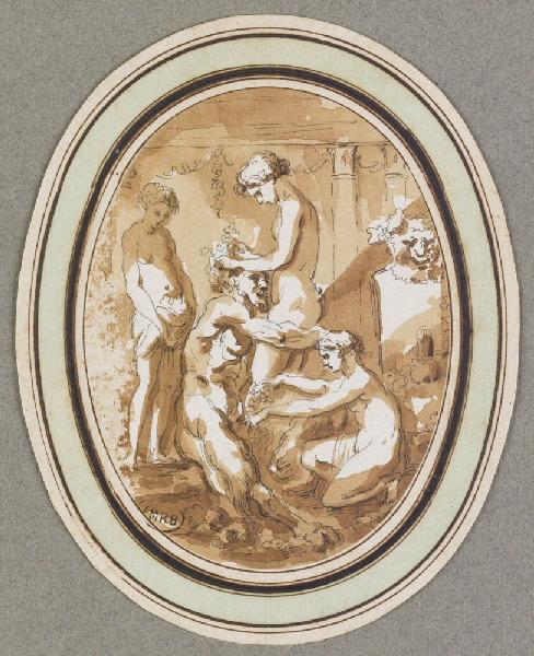 Un satyre et trois nymphes devant une statue de Priape ; Satyre entouré par trois nymphes (dans un encadrement ovale), Etienne de Lavallee-Poussin, 2e moitié 18e siècle