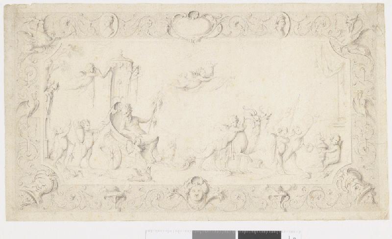 Le Triomphe de Pan (ou Le Triomphe de Bacchus) ; Triomphe de Pan dans un encadrement de grotesques, Bernard Toro, 1er quart 18e siècle