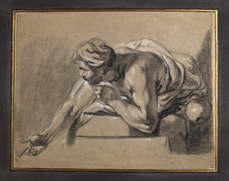 Etude d'homme enturbanné, penché vers la gauche, appuyé sur une marche ; Etude d'homme agenouillé, Jean-Baptiste Henri Deshays, 18e siècle