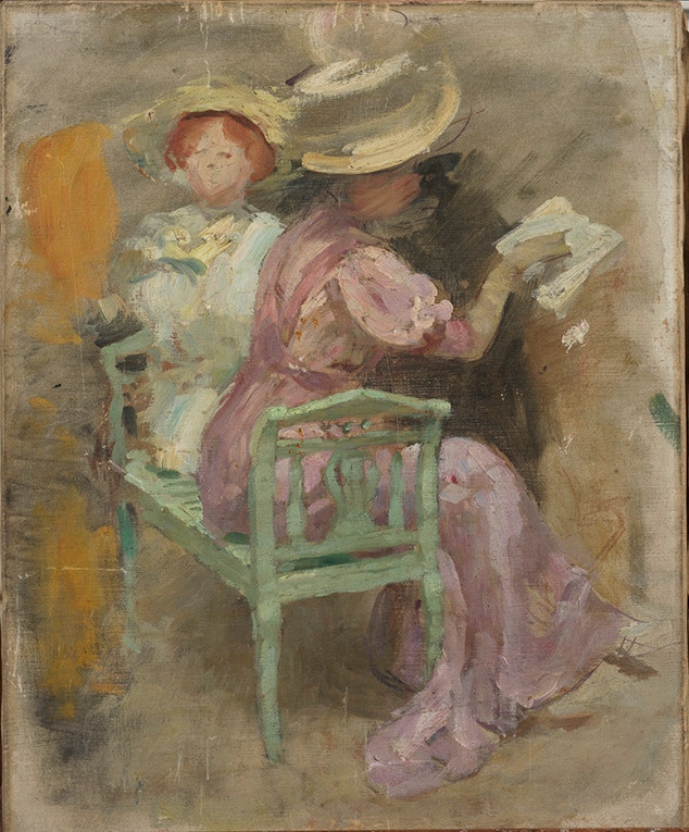 Deux élégantes lisant un catalogue du Salon, Jules Alexandre Grün, 1911 (Vers)