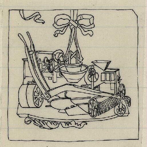 Machines agricoles : un tarare, une petite batteuse à main, une charrue, un rouleau, un râteau_0