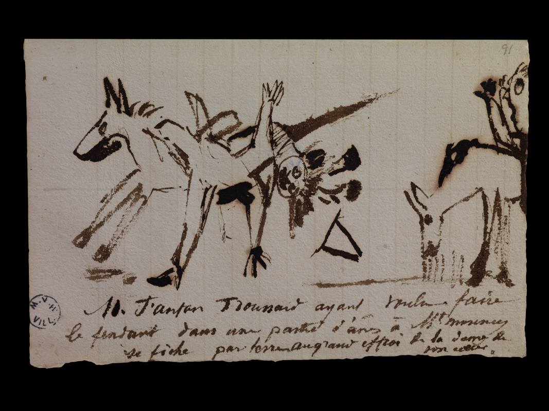 M. Fanfan Troussard ayant voulu faire le fendant... (M. Fanfan Troussard ayant voulu faire le fendant dans une partie d'âne à Mt-Morency se fiche par terre au grand effroi de la dame de son cur), Victor Hugo, 19e siècle