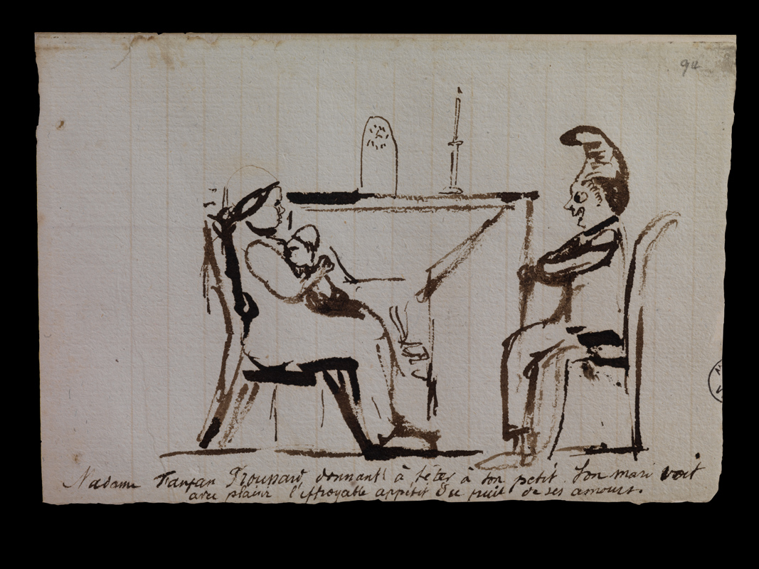Madame Fanfan Troussard donnant à .... (Madame Fanfan Troussard donnant à téter à son petit. son mari voit avec plaisir l'effroyable appétit du fruit de ses amours), Victor Hugo, 19e siècle