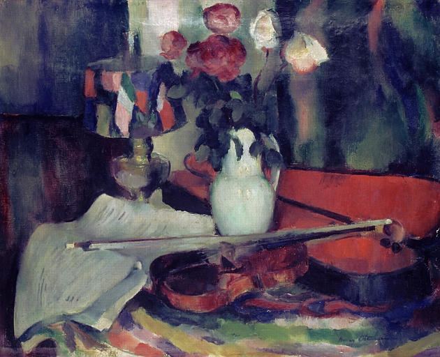 Nature morte au violon ; Le violon rouge (Ancien titre), Henry Ottmann, 2e quart 20e siècle
