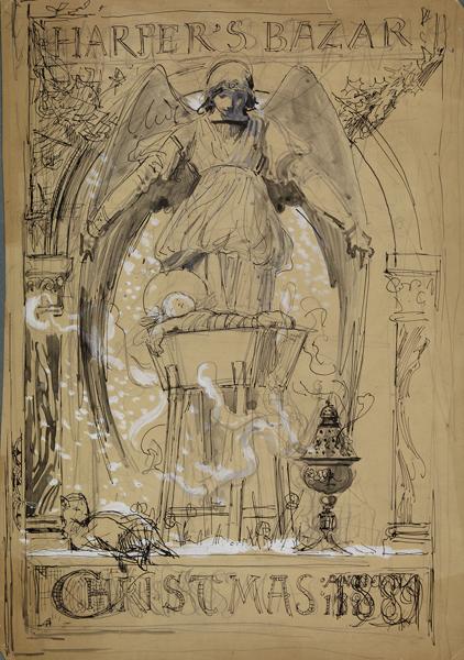 Recto : Harper's Bazar Christmas 1889 (ange, enfant Jésus dans la crèche)#Verso : esquisse Noël, ferme et oiseaux endormis, Luc Olivier Merson, 1889