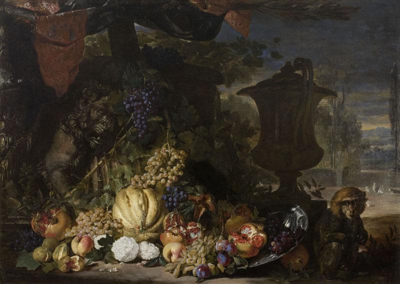 Nature morte , singe et bas-relief, David de Coninck, 4e quart 17e siècle