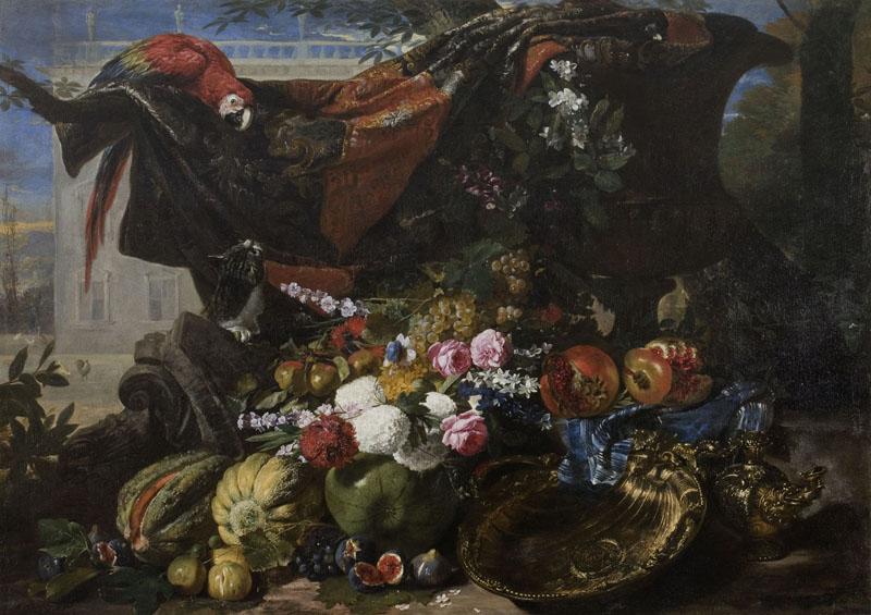 Nature morte, combat entre un chat et un perroquet, David de Coninck, 4e quart 17e siècle