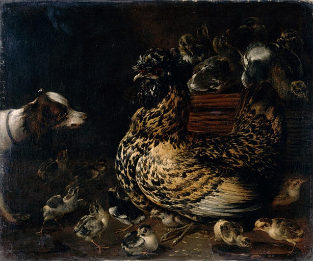Poule défendant ses poussins contre un petit chien, Pieter Boel, 1662