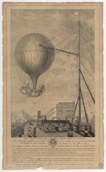 Vue perspective de l'aerostat Le Suffren et des appareils employés pour l'élever et le remplir.Légende a été lancé du Jardin de l'hopital des enfants orphelins de Nantes le 14 juin 1784, Pierre Laurent Auvray, 2e moitié 18e siècle