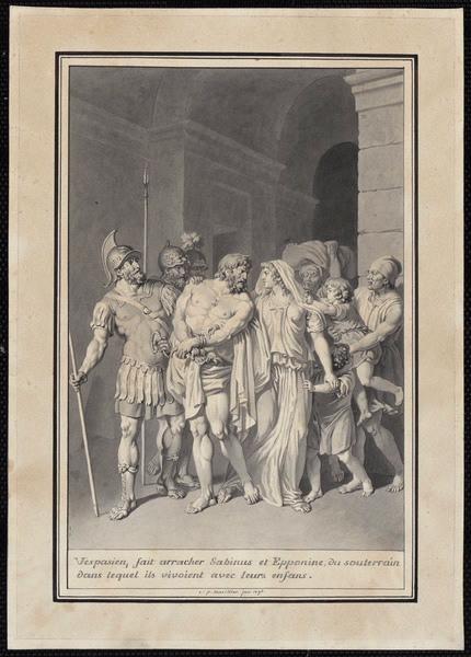 Vespasien fait arracher Sabinus et Epponine du souterrain dans lequel ils vivaient avec leurs enfants, Clément Pierre Marillier, 1796