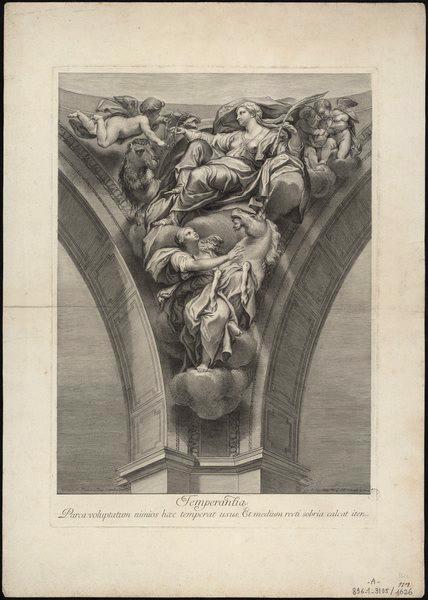 Temperantia ; Lettre : Parca voluptatum nimios hoec temperat usus, Et medium recti sobria calcat iter, Domenichino, 1725