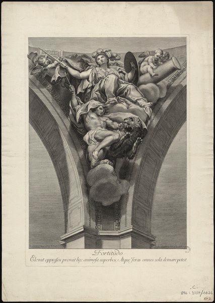 Fortitudo ; Lettre : Elevat oppressos premit hec animosa superbos, Atque feras omnes sola domare potest, Domenichino, 1er quart 18e siècle