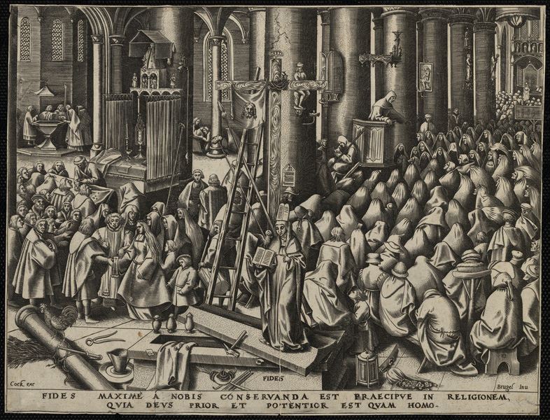 Les vertus théologales : la Foi.  Fides maxime a nobis conservanda est praecipus in religionem qura Deux prior et potentior est quam homo, Pieter Bruegel, 1559-1560