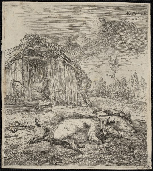 Les trois cochons couchés devant l'étable, Karel Dujardin, 17ème siècle