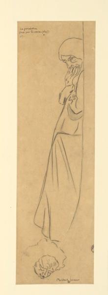 La cour des folles ; La persécution (Il s'agit de l'étude au trait de la femme, debout à droite, appuyée contre l'arbre qui personnifie la persécution dans la Cour des folles (cat. 21)), Alexis Merodack-Jeaneau, 1898