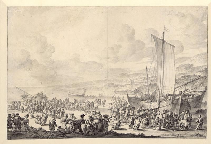 Le Christ entouré d'une grande foule prêchant au bord d'un lac, Pieter Bout, 1670