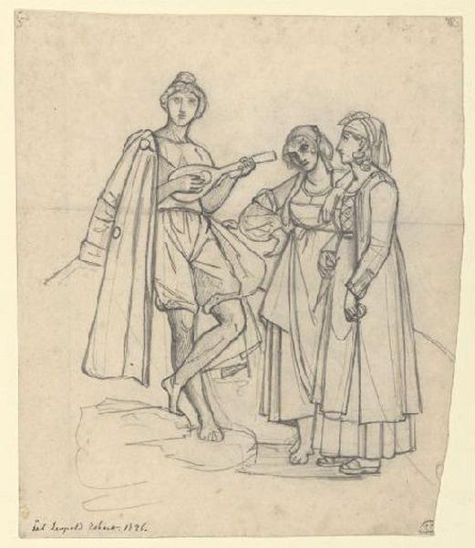 Pâtre italien écouté par deux femmes ; Troubadour écouté par deux femmes (autre titre) ; Deux jeunes femmes écoutent un jeune musicien (autre titre) ; Deux jeunes femmes écoutent un jeune musicien qui joue de la mandoline (titre cat; vente 1873), Léopold Robert, 1826
