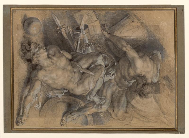 Deux prisonniers enchaînés ; Personnages enchaînés précipités dans l'espace (ancien titre) ; Copie d'après Francesco Salviati (ancien titre), Petrus Paulus Rubens, 1ère moitié 17e siècle