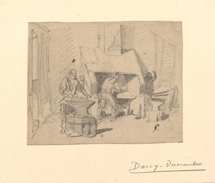 Atelier de forgeron, trois hommes au travail, Alexis Auguste Dumoulin-Darcy, 1852-1864