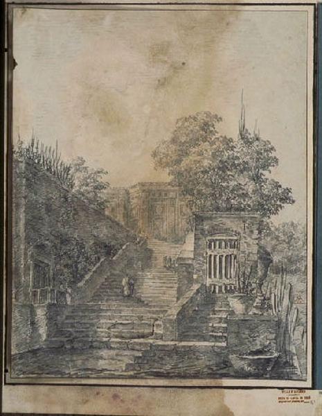 Escalier dans le jardin d'une villa ; Paysage - Ruines d'Italie_1