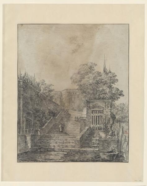 Escalier dans le jardin d'une villa ; Paysage - Ruines d'Italie_0