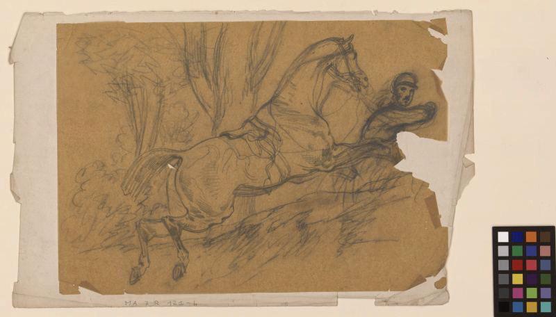Un cavalier au sol, tenant son cheval par les rênes, Thomas François Drake, 19e siècle