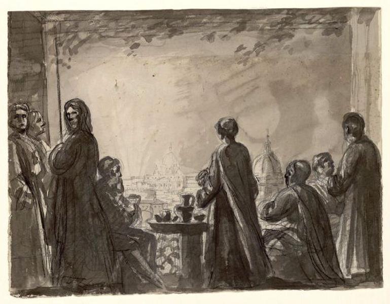 Personnages assis sur les hauteurs de Rome ; Moines assis sur une terrasse à Rome_0